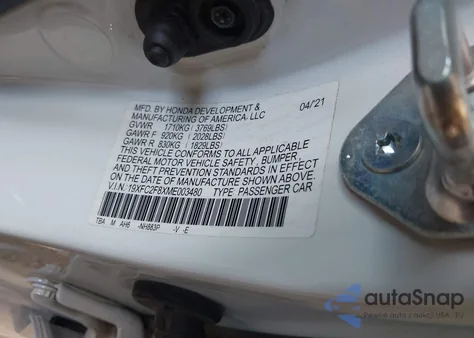 2021 Honda Civic Sport из США, поврежденный, VIN 19XFC2F8XME003480